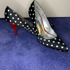 Rampage black-and-white polkadot satin shoe with red heel